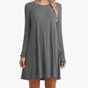 New XS Women's Grey Long Sleeve Swing T-Shirt Tunic Dress